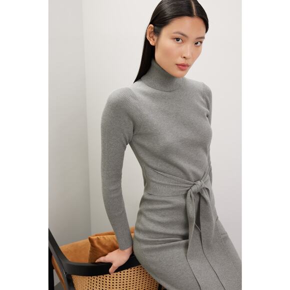 Toccin Gray Knit Tie Front Turtleneck Long Sleeve Sweater Midi Dress Sz M - Picture 4 of 15